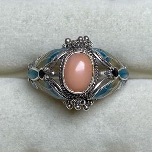 Vintage silver coral ring with enamel butterflies